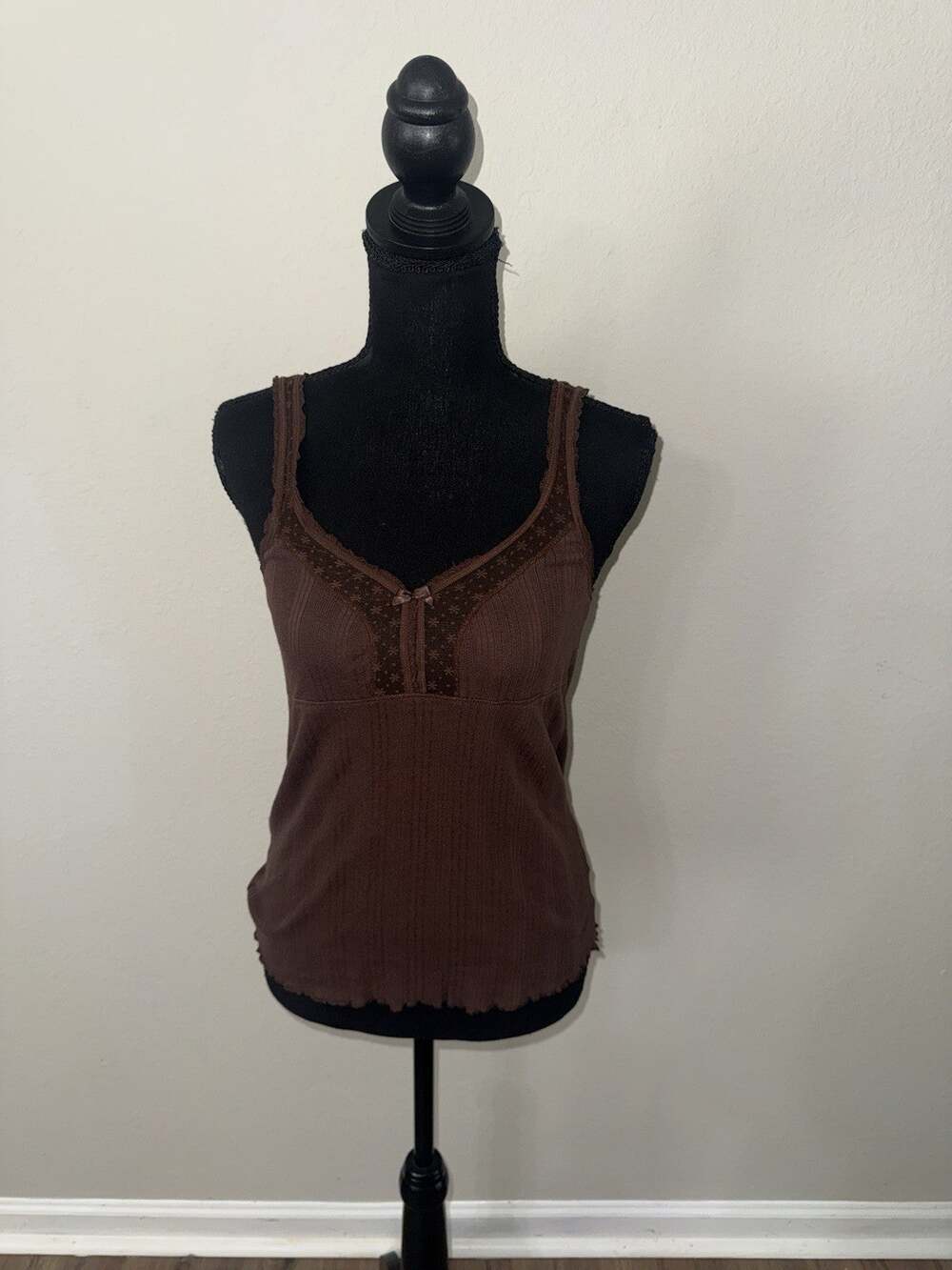 Old Navy Womens Medium Brown Lace Trim Ribbed Tank Top Cami Y2K